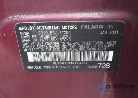 2021 Mitsubishi Mirage Carbonite Edition/Es/Le из США, поврежденный, VIN ML32AUHJ8MH004754